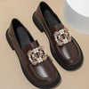 Women's Brown Slip-On Loafers with Pearl Flower Buckle, Non-Slip Thick Sole, PU Upper, Round Toe Comfort Insole