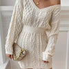 Women's Beige V-Neck Long Sleeve Sweater Dress – Stretch Knit, Form-Fitting Office-to-Party