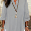 Plus Size Faux Denim Blouse with Decorative Buttons & Tassel Knot Front High-Low Hem Spring/Summer Polyester Blend