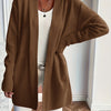 Plus Size Elegant Beige Open Front Cardigan Sweater, Mid-Length Drop Shoulder with Pockets, Non-Bulky Layering for Fall Winter Office & Party