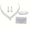 Women's Luxury Rhinestone Evening Clutch with Chain and Adjustable 4-Piece Jewelry Set (Earrings, Necklace, Bracelet)