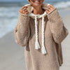 Women's Oversized Hooded Knit Sweater - Cozy Acrylic Pullover with Drawstring Hood, Long Sleeve, Black with Cream Accents