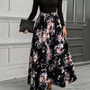 Black & White Floral Maxi Dress — Elegant A-Line High-Waist, Long Sleeve Crew Neck (Polyester)
