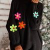 Plus Size Floral Applique Knit Sweater – Women's Long Sleeve High Neck Pullover for Fall & Winter