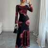 Women's Elegant Backless Mermaid Dress – Pink Floral on Black, Adjustable Straps, Flared Long Sleeves, Slim Fit Floor-Length, Machine Washable Evening & Wedding Gown