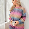 Plus Size Ombre Crew Neck Sweater Dress - Long Sleeve Relaxed Fit Pullover in Beige Pink Blue Purple Gradient