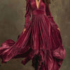 Velvet A-Line Maxi Dress - Deep V-Neck, Long Sleeves & Ruffled Hem, Floor-Length Vintage Formal Dress in Brown