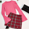 Women's Round Neck Bell Sleeve Top and Black and White Plaid Skirt Two-Piece Set