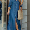 Women's Navy A-Line Maxi Shirt Dress with Chest Pocket – Button-Front Collared, Machine Washable Elegant Spring/Summer Wedding Guest & Work Dress