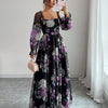 Women's Elegant Floral Square Neck Puff Sleeve A-Line Dress - Long Sleeve Ruching, Black with Purple & Green Floral