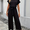Women's Black Summer Jumpsuit - Crew Neck Short Sleeve Wide-Leg Palazzo with Elastic Waist & Belt, 100% Polyester