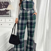 Plus Size Plaid Off-Shoulder Jumpsuit — Wide-Leg Overalls with Pockets, Sleeveless Work-to-Casual Outfit
