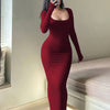 Women's Extra-Long Bodycon Maxi Dress – Square Neck Long Sleeve A-Line Silhouette, Sexy Form-Fitting Autumn Dress