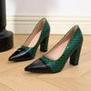 Women's Pointed-Toe Chunky Platform Heels 3.74 in (9.5 cm), Glossy Green Black Maroon Red, Non-Slip Rubber Sole Comfortable Block Heel Dress Shoes for Office & Parties