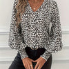 Women's Elegant Leopard Print Puff Sleeve Blouse V-Neck Smock Collar Long Sleeve Top for Parties & Weddings