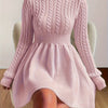 Cable Knit Turtleneck Sweater Dress - Slim-Fit A-Line Long Sleeve in Soft Pink
