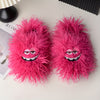 Bright Pink Faux Fur Slippers for Women - Plush Cartoon Face Indoor House Shoes, Warm Fabric Lining & Non-Slip TPR Sole