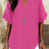 Plus Size V-Neck Blouse - Women's Short Sleeve Loose Batwing Top with Flared Hem, Stretchy Casual Shirt