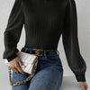 High-Neck Puff Sleeve Blouse for Women - Elegant Solid Color Top