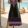 Plus Size Ethnic Boho Midi Dress with Side Slits, Short Sleeve Crew Neck Tunic for Spring & Summer