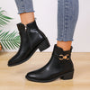 Women's Pointed-Toe Ankle Boots with Buckle Strap, Low Block Heel, Zipper Closure, Faux Leather