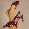 Women's Red Pointed-Toe Stiletto Pumps with Gold Buckle Cross Ankle Strap