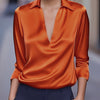 Silvery Satin V-Neck Blouse for Women, Long Sleeve Button-Front Satin Shirt, Elegant Smooth Finish