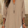 Women's Olive Green V-Neck Loose Fit Blouse - Long Sleeve Drop Shoulder Casual Polyester Top