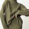 Two-Piece High-Neck Knit Sweater Set with Slit Skirt, Loose Warm Pullover, Elegant Fall/Winter Style
