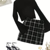 Women's Round Neck Bell Sleeve Top and Black and White Plaid Skirt Two-Piece Set