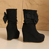 Women's Black Platform Wedge Ankle Boots — Faux Fur Lined, Slip-Resistant Round Toe with Bow Accent