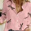 Women's Loose Fit Dragonfly Print Shirt - Lightweight Breathable Lapel Collar Blouse for Summer
