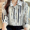 Women's Black & White Vertical Striped Button-Up Shirt — Lightweight Polyester Long Sleeve Collared Top