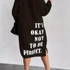 Plus Size Navy Oversized Sweaterdress - Midi A-Line Pullover with 'It's Okay Not to Be Perfect' Print, Medium Stretch, Machine Washable