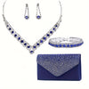 Women's Luxury Rhinestone Evening Clutch with Chain and Adjustable 4-Piece Jewelry Set (Earrings, Necklace, Bracelet)