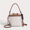Woven Bucket Bag for Women - Drawstring Closure, Adjustable Shoulder Strap & Wristlet, Split Leather Carryall (White, Black, Burgundy, Coffee)