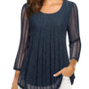 Plus Size Navy Blouse – Sheer Three-Quarter Sleeves, Crew Neck, Medium Stretch Oversized Top