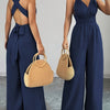 Women's V-Neck Backless Cross-Waist Tie Wide-Leg Jumpsuit - Solid Blue, Machine Washable, Non-Stretch