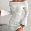 Women's Off-the-Shoulder White Cable Knit Sweater Dress - Long Sleeve A-Line for Weddings, Parties & Winter