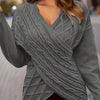 Plus Size Cable Knit Wrap V-Neck Sweater, Drop Shoulder Long Sleeve Pullover