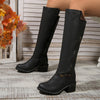 Vintage Knee High Boots for Women, Faux Leather Side Zipper, Chunky Block Heel, Round Toe, TPR Sole