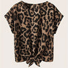 Tie-Front Leopard Print Blouse - Women's Crew Neck Casual Top for Spring & Summer
