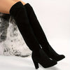 Women’s Over-the-Knee Lace-Up Chunky Block Heel Boots — Black Flannel-Lined Long Round-Toe Boots