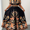 Plus Size Floral Maxi Dress – V-Neck Peplum with Flared Hips, Orange & Black Floral Print – Wedding Guest, Party & Everyday Dress