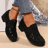 Women's Black Sequin Loafers - Glitter Slip-On Chunky Heel Breathable Fabric PU Sole Casual Nurse Shoes