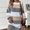Color Block Fuzzy Knit Sweater Dress – Crew Neck Drop Shoulder Lantern Sleeves for Fall & Winter