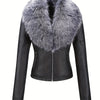 Women's Faux Leather Jacket with Removable Faux Fur Collar, Knit Panels, Zipper Front, Polyester Lined for Fall Winter