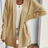 Plus Size Elegant Beige Open Front Cardigan Sweater, Mid-Length Drop Shoulder with Pockets, Non-Bulky Layering for Fall Winter Office & Party