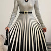 Women's Black and White Striped A-Line Midi Dress - V-Neck Long Sleeve with Adjustable Waist Belt, Casual to Semi-Formal
