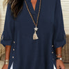 Plus Size Faux Denim Blouse with Decorative Buttons & Tassel Knot Front High-Low Hem Spring/Summer Polyester Blend